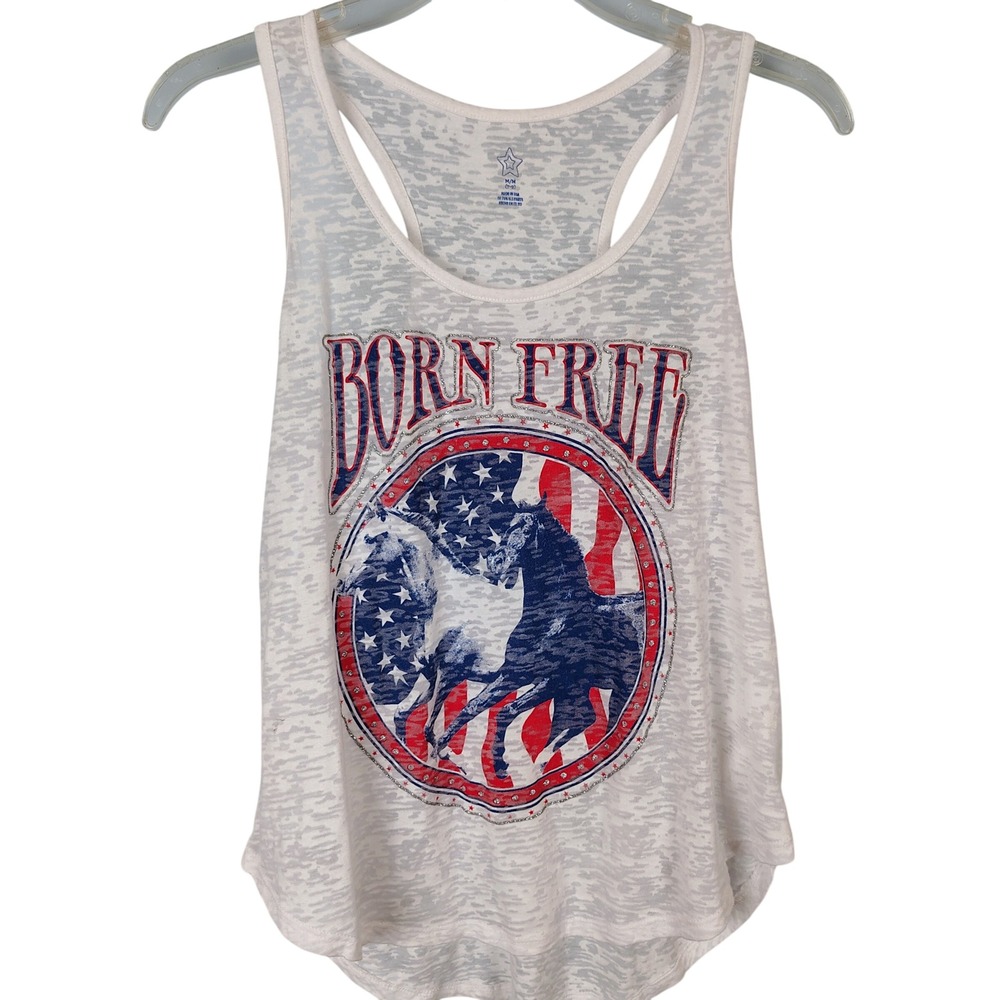 Born Free American Flag Horse Graphic Burnout Racerback Tank Top White Medium